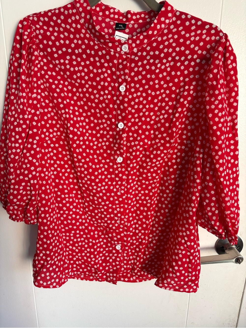Women’s Red Floral Button-Front Blouse with Stand Collar